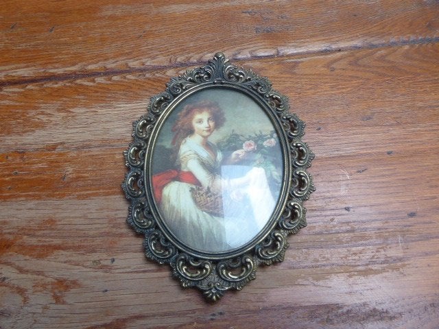 Vintage metalen barok lijstje met prent, Ophalen of Verzenden