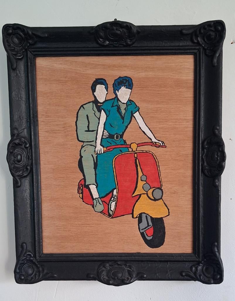 Verliefd stel op scooter. Acryl/paneel. 30/36 cm., Ophalen