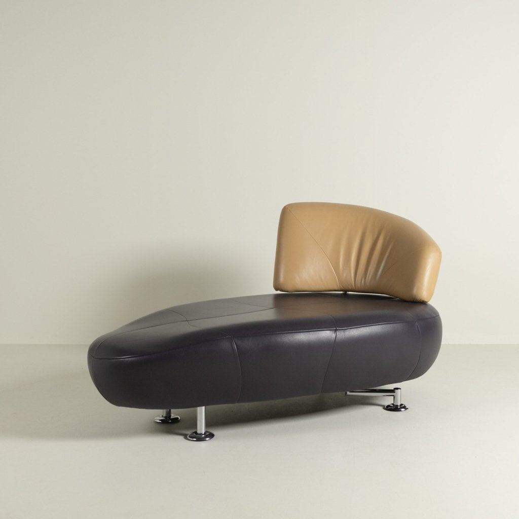 Leolux Kikko Chaise Longue Donkerpaars/Cognac Leer - Chroom, Leolux, Zo goed als nieuw, Niet ingevuld, Niet ingevuld