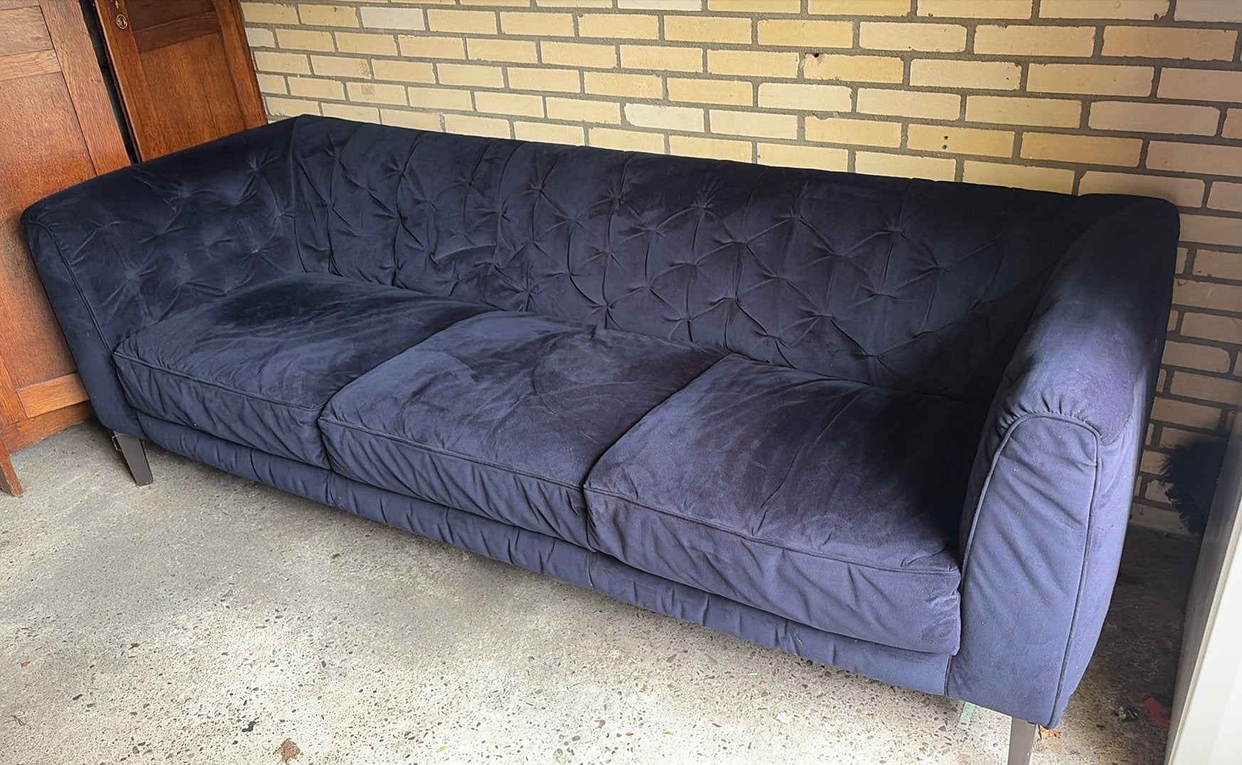 Velour 3 zitsbank donkerblauw, Huis en Inrichting, Banken | Bankstellen, Ophalen, Gebruikt, Driepersoons, 75 tot 100 cm