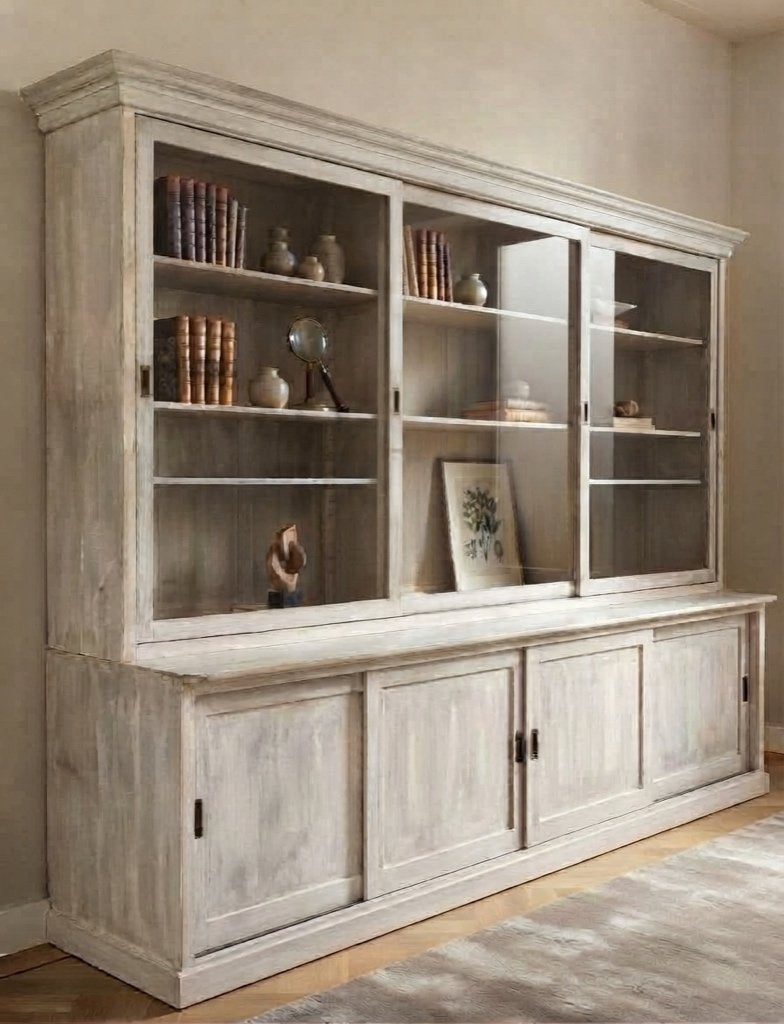 Antieke servieskast/ boekenkast in witte wax (3,20m. breed)