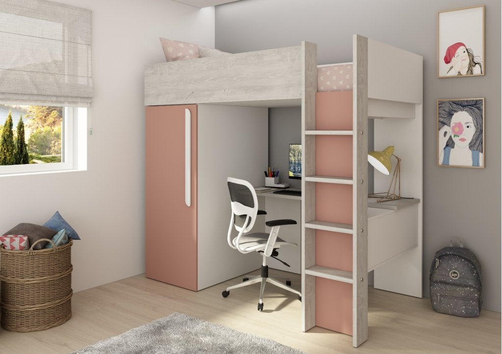 Studio 1803 hoogslaper met bureau en kast - 90x200 - Oudroze, Niet ingevuld, Niet ingevuld, Niet ingevuld