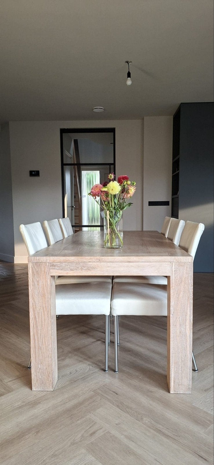 Massieve licht eiken houten eettafel whitewash - 6-8 persone, Ophalen, Gebruikt, Eikenhout, 50 tot 100 cm