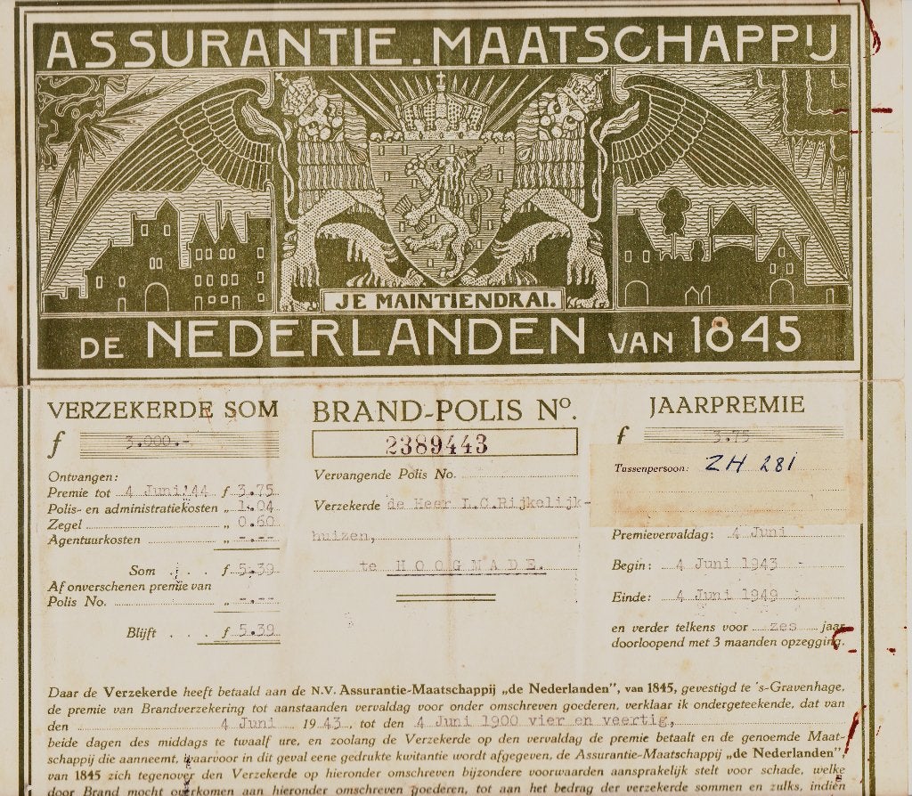 ASSURANTIE.  MAATSCHAPPIJ  DE  NEDERLAND VAN  1845, Ophalen of Verzenden