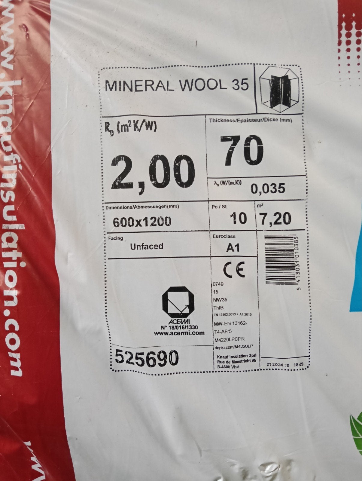 10 Knauf Minerale Wol 35 Isolatieplaten 70mm dik, Ophalen, Nieuw, Glaswol, 4 tot 8 cm