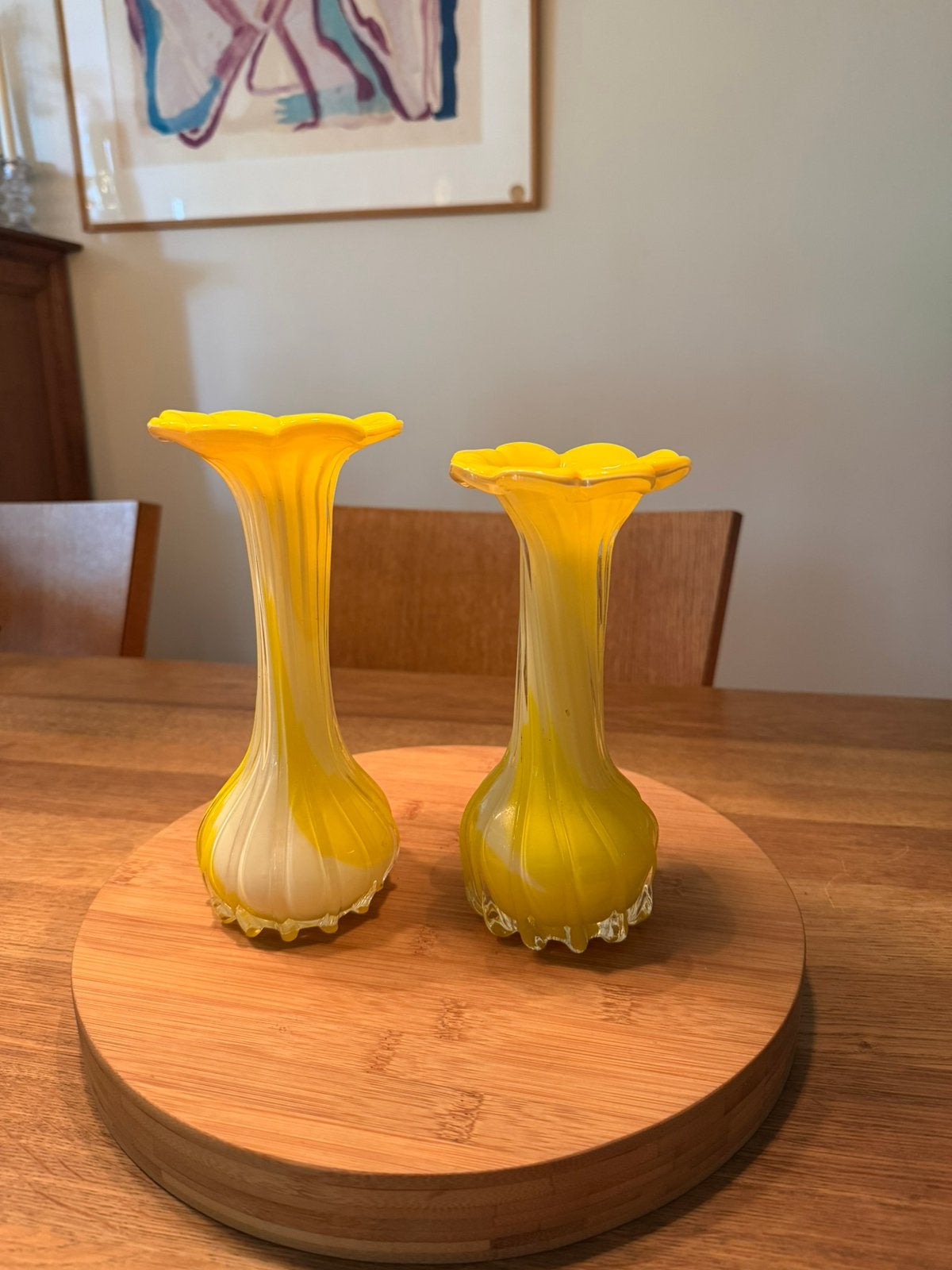 Set soliflore vazen opaline glas geel Italie Jaren '70, Gebruikt, Geel, Ophalen of Verzenden, Glas