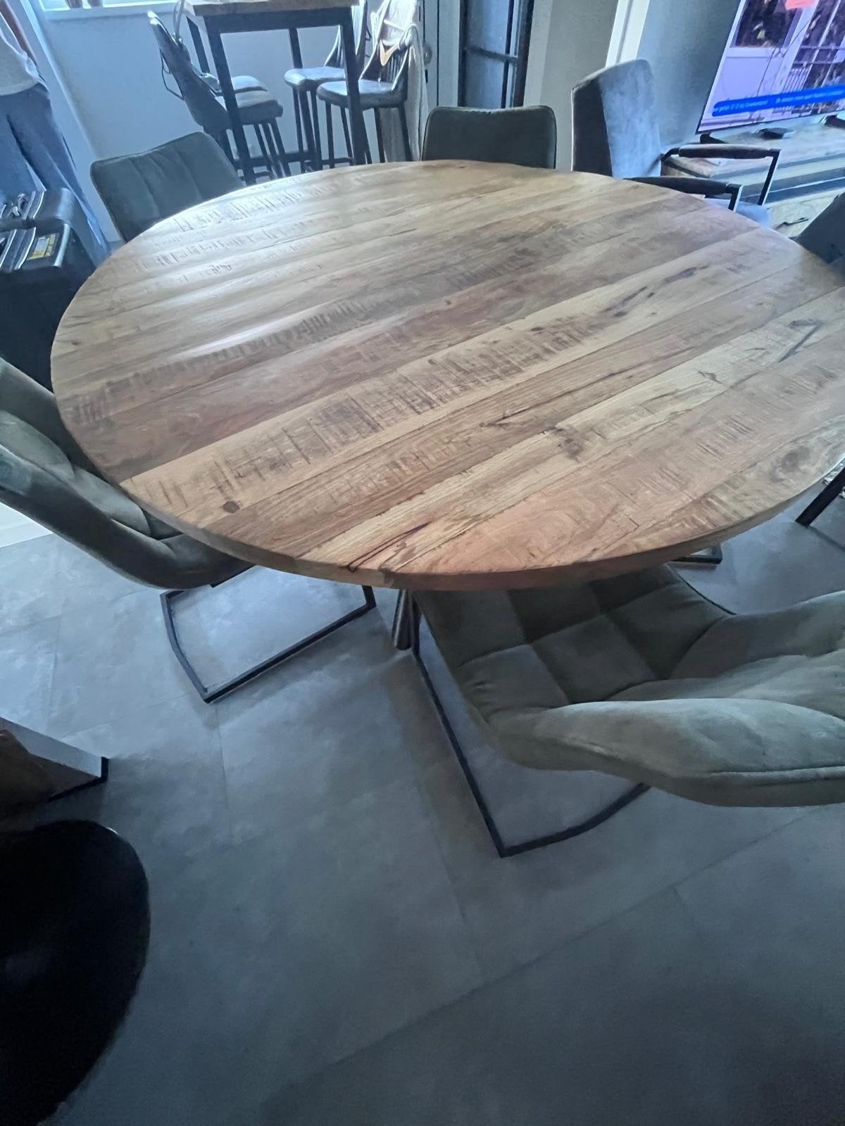 Ronde eettafel met 5 stoelen - 150 cm doorsnee, Gebruikt, 150 tot 200 cm, Rond, Vijf personen of meer