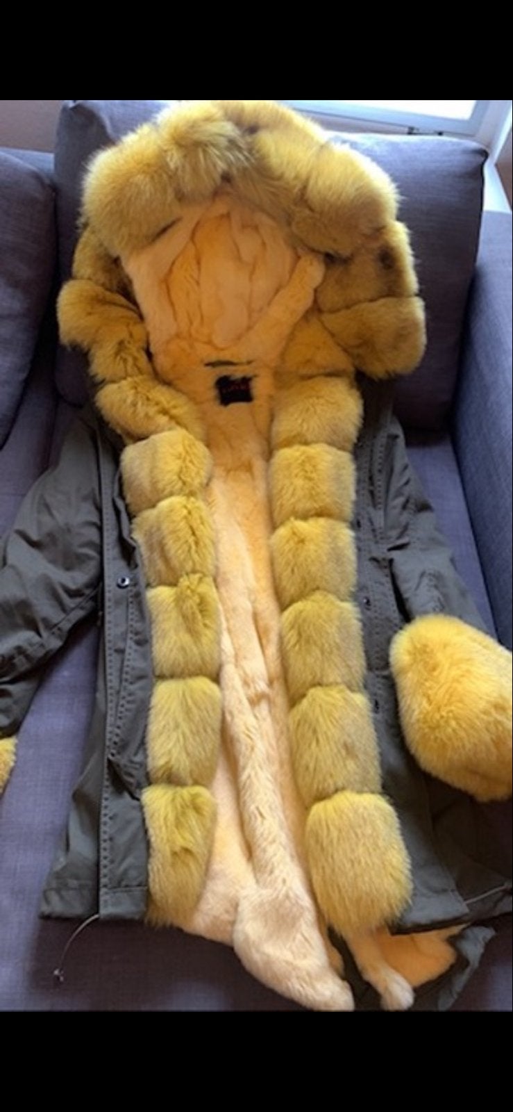 LAFURIA lange parka jas khaki/olijfgroen met gele bont-look, Ophalen of Verzenden, Zo goed als nieuw, Maat 38/40 (M), Groen