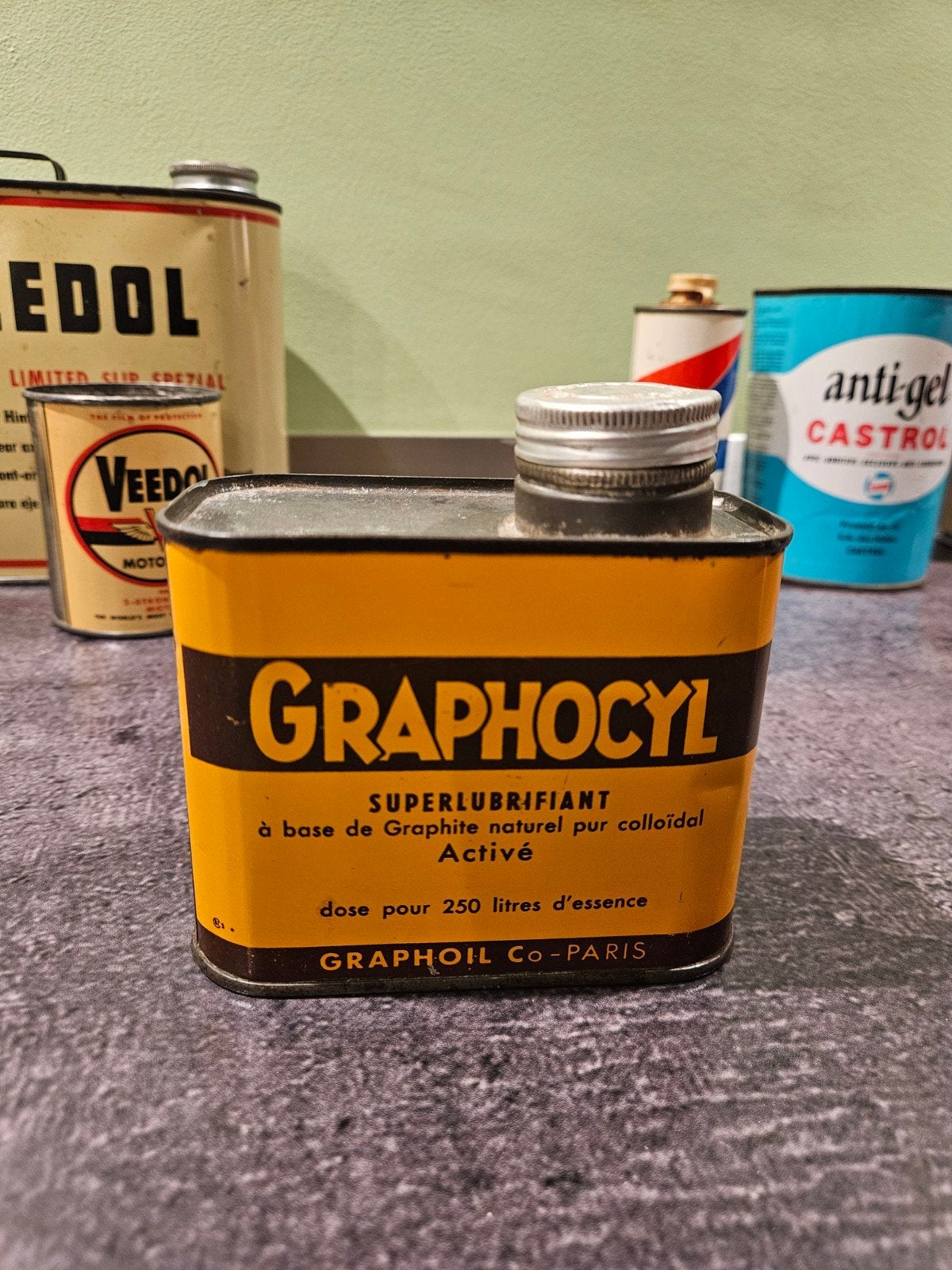 Vintage Graphocyl Olieblik Superlubrifiant Graphoil Co-Pari, Verzamelen, Ophalen of Verzenden, Gebruikt, Overige