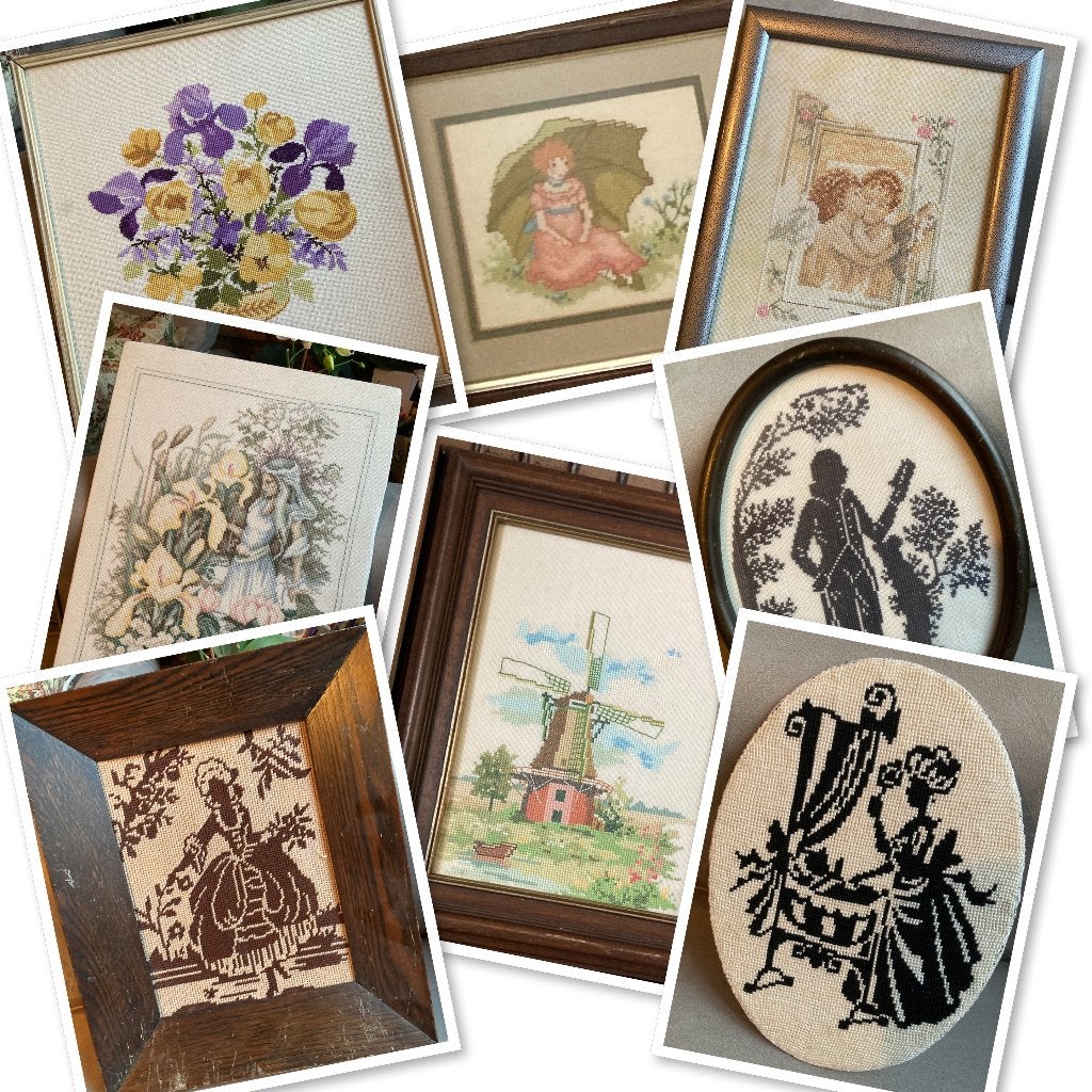 Oude geborduurde schilderijtjes / borduurwerkjes, Gebruikt, Ophalen of Verzenden, Overige typen, Meerkleurig