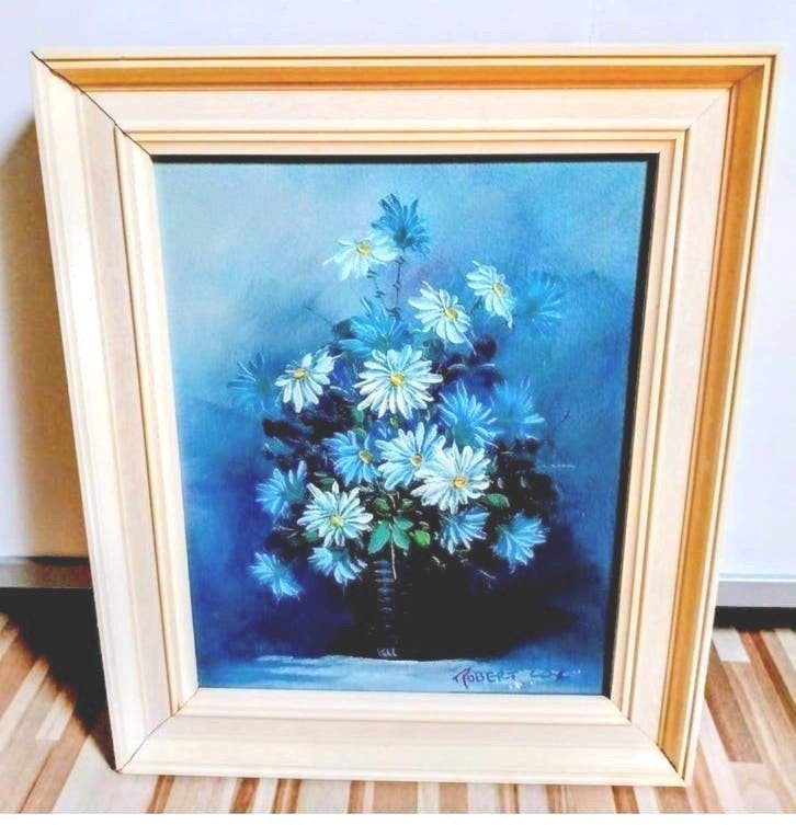 Schilderij Robert Cox - Bloemen in mand - Olieverf op doek, Ophalen of Verzenden, Gesigneerd, Bloemen, Doek