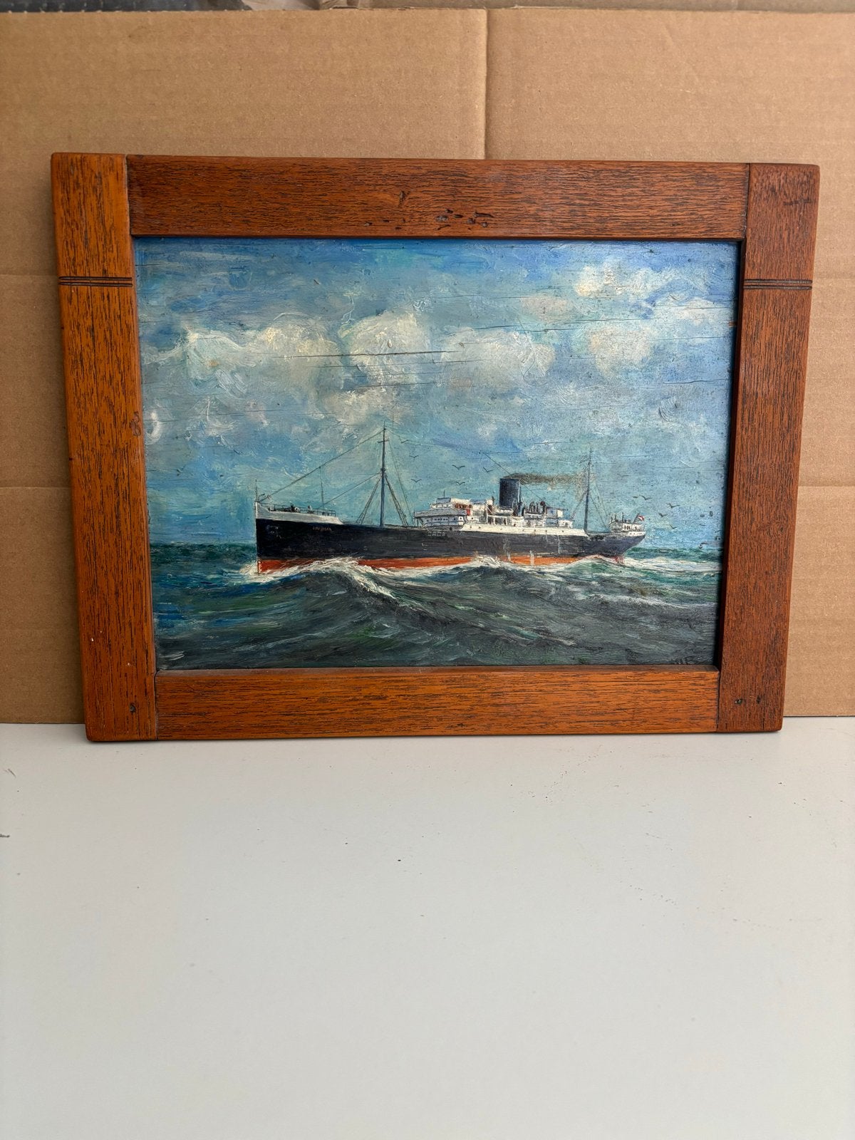 Olieverfschilderij van stoomschip 'INDIA' op woelige zee, Antiek en Kunst, Kunst | Schilderijen | Klassiek, Realistisch, Ophalen of Verzenden