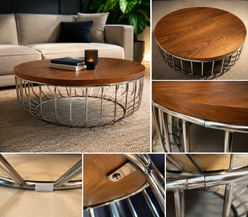 Grote ronde design salontafel Ø100 cm – walnoot/chroom frame, Huis en Inrichting, Tafels | Salontafels, Gebruikt, Minder dan 50 cm
