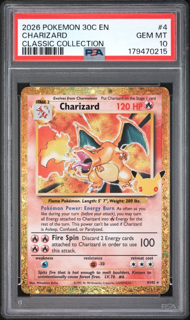 Pokémon Charizard 4/102 30th Celebration PSA 10 GEM MINT, Ophalen of Verzenden, Nieuw, Losse kaart