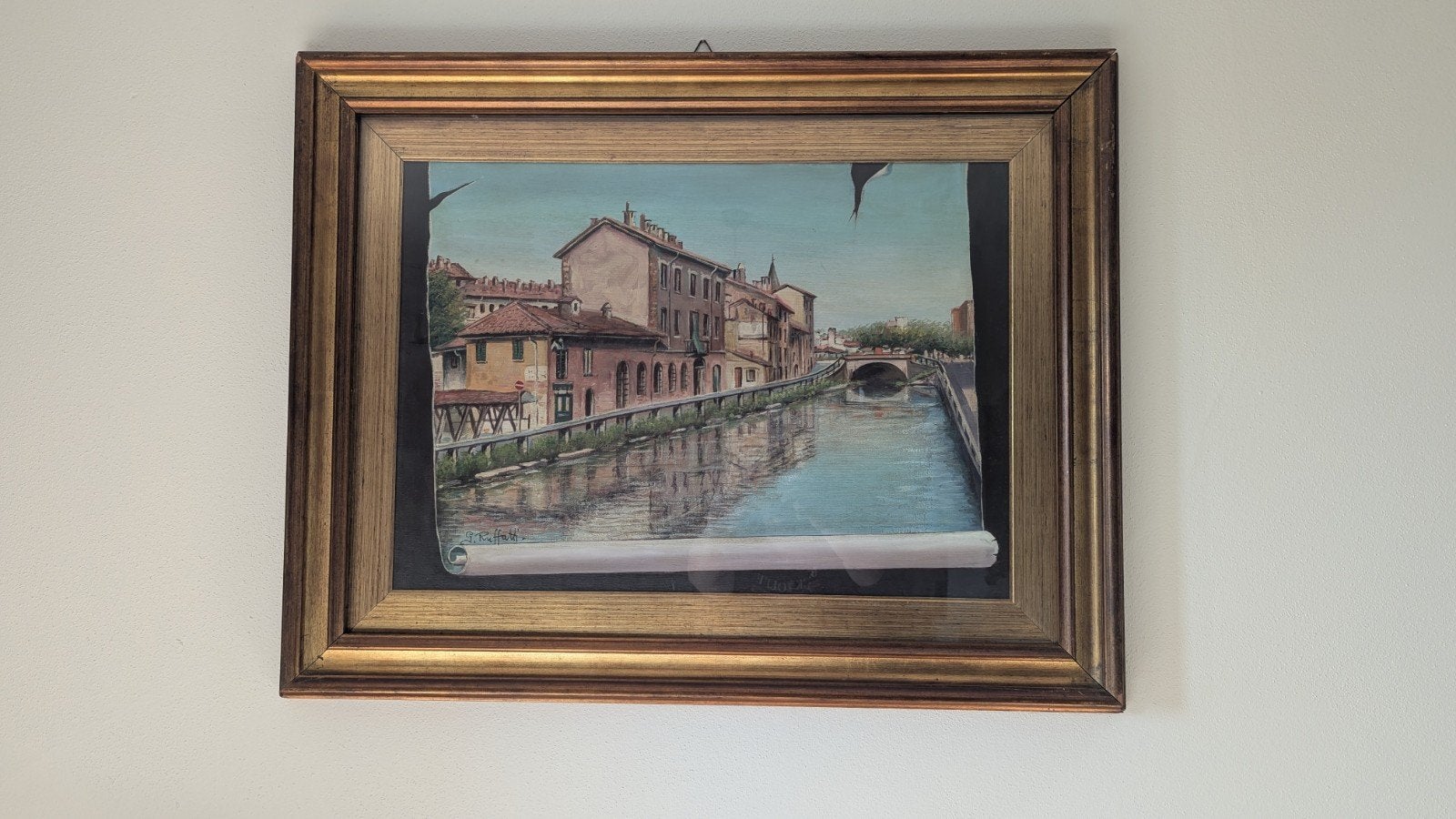 Stadsgezicht Milaan: Il Naviglio Grande door G. Ruffatti, Antiek en Kunst, Ophalen of Verzenden, Acrylverf, Stads- / dorpsgezicht