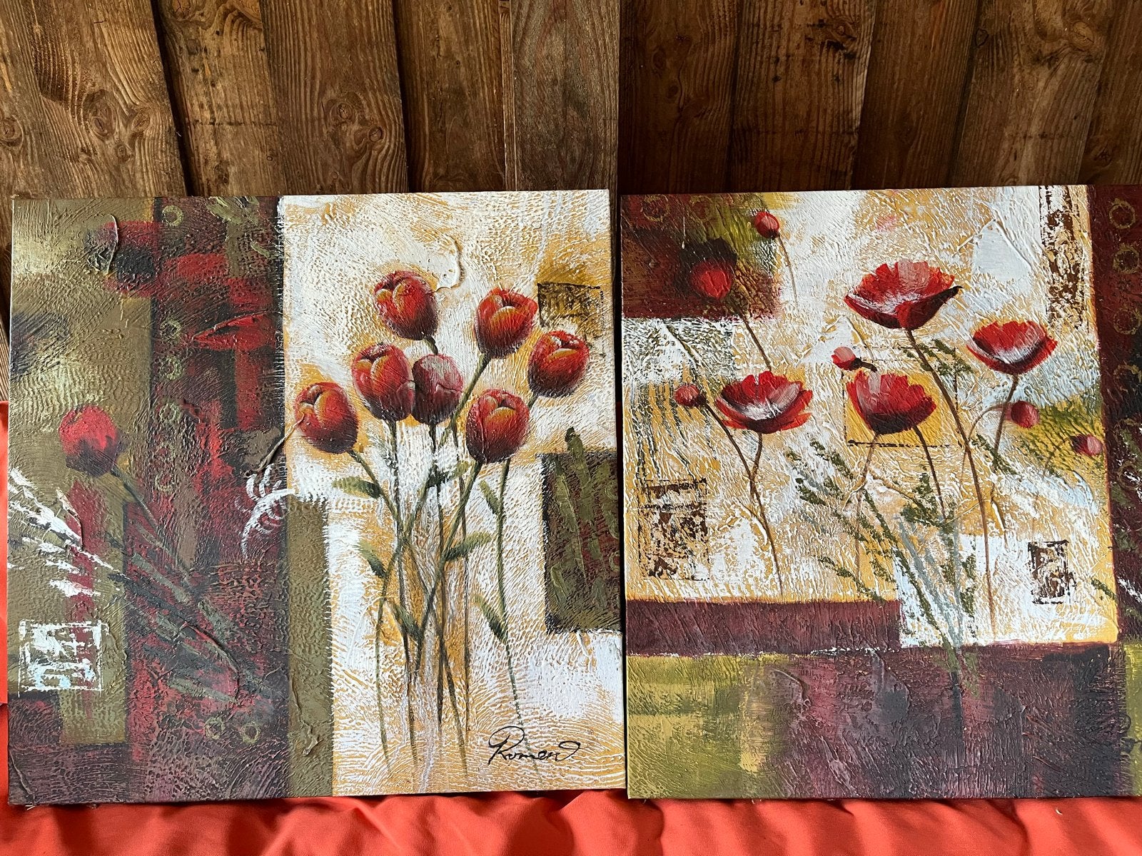Set van 2 moderne schilderijen (reproducties) met bloemen, Met textuur, Ophalen of Verzenden, Olieverf, Bloemen