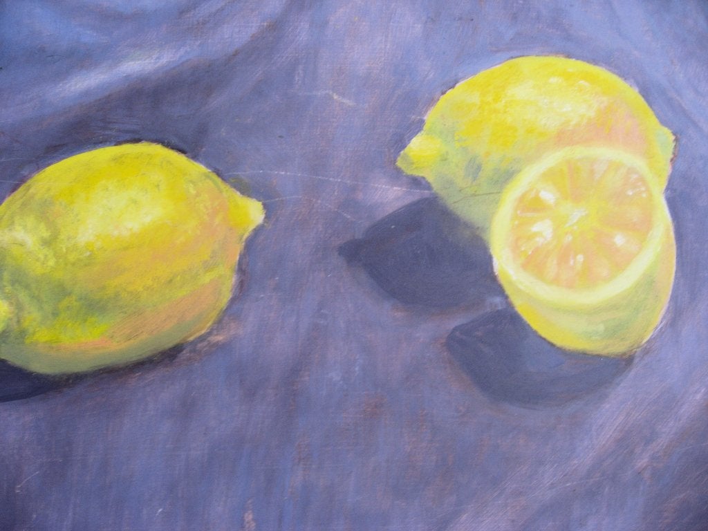 Stilleven met twee en een halve citroen, Antiek en Kunst, Acrylverf, Stilleven, Hout, Handgeschilderd