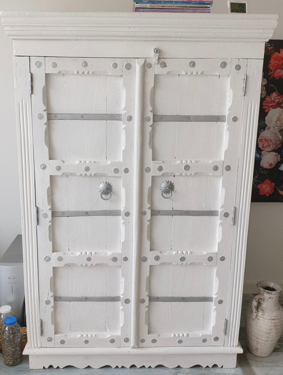 Prachtige Teakhouten Kast - Wit Geverfd, Ophalen, 100 tot 150 cm, 100 tot 150 cm, Koloniaal / Landelijk