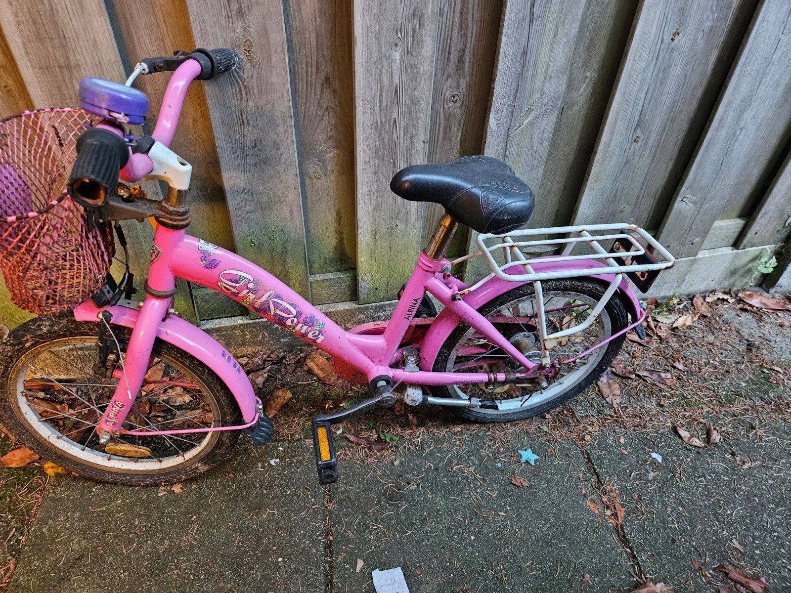Roze kinderfiets met mandje en bagagedrager, Ophalen, Terugtraprem, Zijwieltjes, Alpine