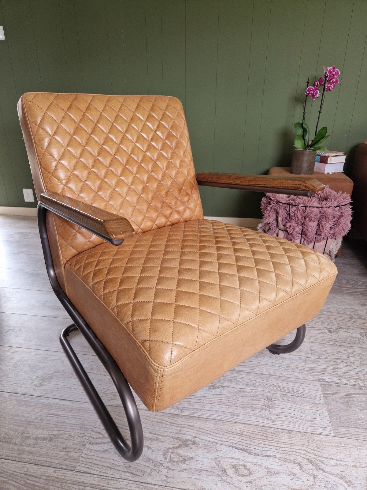 Eleonora Fauteuil Leder Cognac, Gebruikt, Industrieel, Modern, Vintage, 75 tot 100 cm, Ophalen of Verzenden