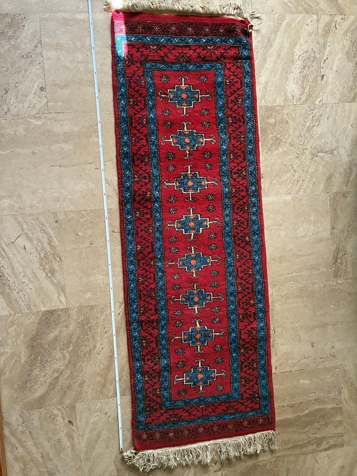 Rood Tapijt met Blauwe Patronen - 180x67cm, Gebruikt, 150 tot 200 cm, Rechthoekig, Rood