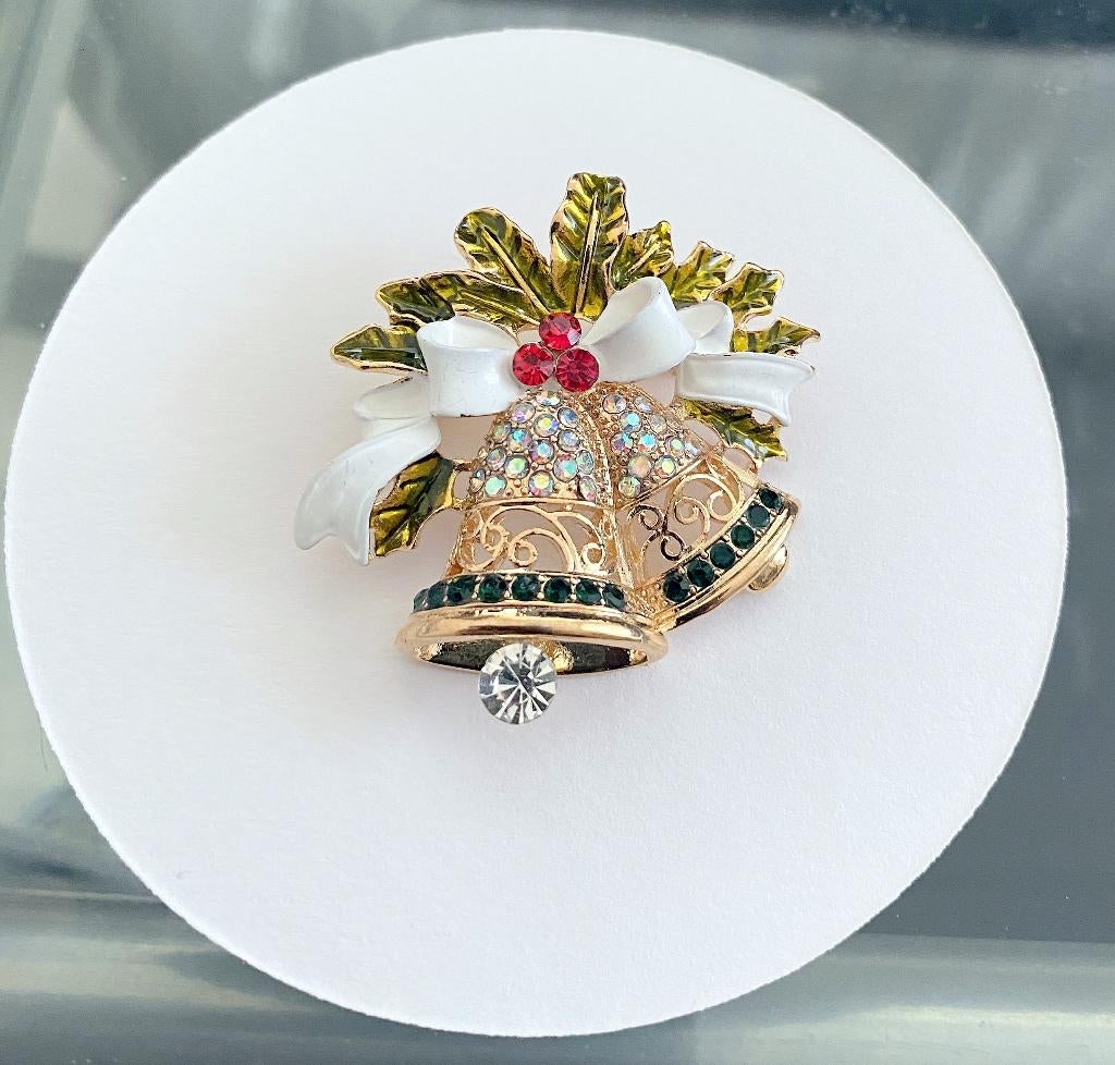 flonkerende broche Kerstklokjes met strik, broche Kerstboom, Overige materialen, 4 tot 7 cm, Met strass, Nieuw