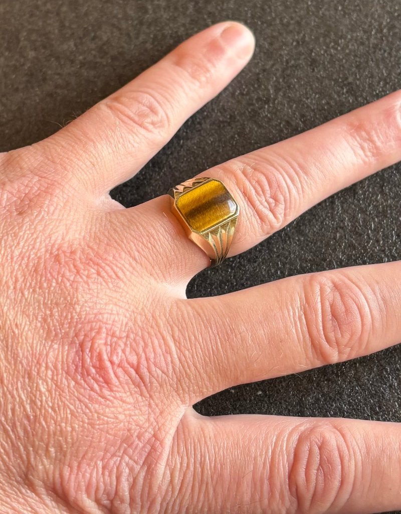 Tijgeroog 14k gouden vintage heren zegel ring fraai uniek, Iinfo@voordeelsieraden.nl, Voordeelsieraden, 19 tot 20, Heer