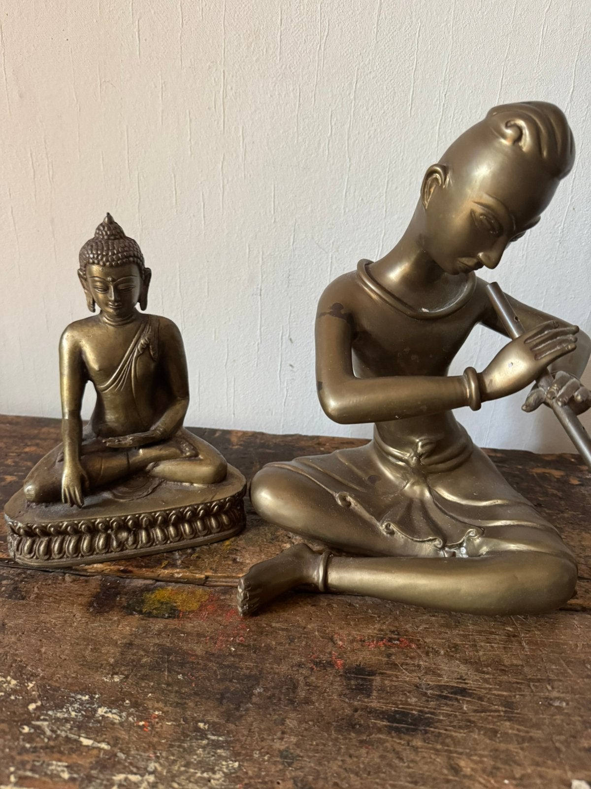 Oude koperen / bronzen budha en oosterse fluitspeler, Ophalen of Verzenden