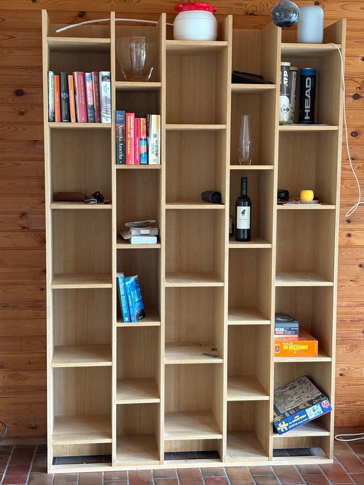Grote houten boekenkast met open vakken, Met plank(en), Gebruikt, 200 cm of meer, 150 tot 200 cm