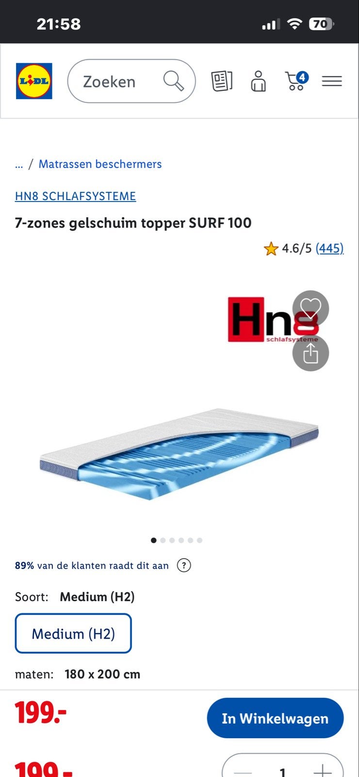 HN8 Schlafsysteme 7-zones gelschuim topper LIDL, Ophalen, Matras, 180 cm, 200 cm