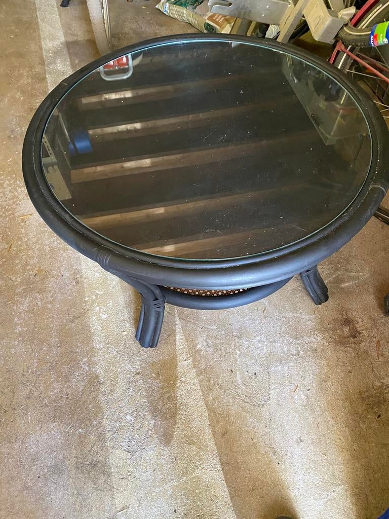 Donker gelakte salontafel met op maat gemaakte glasplaat, Ophalen, Gebruikt, 50 tot 100 cm, Rond