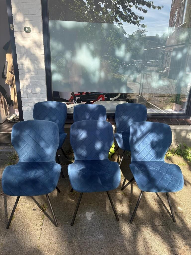 6 zachte blauwe eetkamer stoelen, Huis en Inrichting, Stoelen, Ophalen, Gebruikt, Blauw, Stof