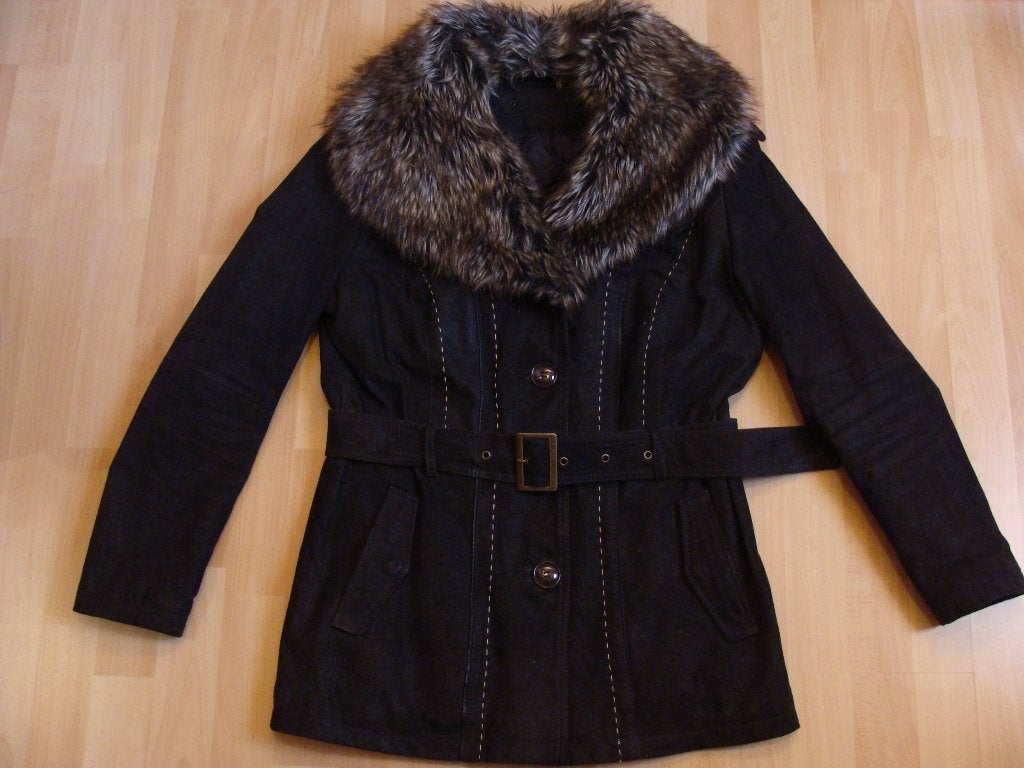 Leren jas met imitatie bontkraag, Jessica, Zwart, Maat 42/44 (L), Nieuw