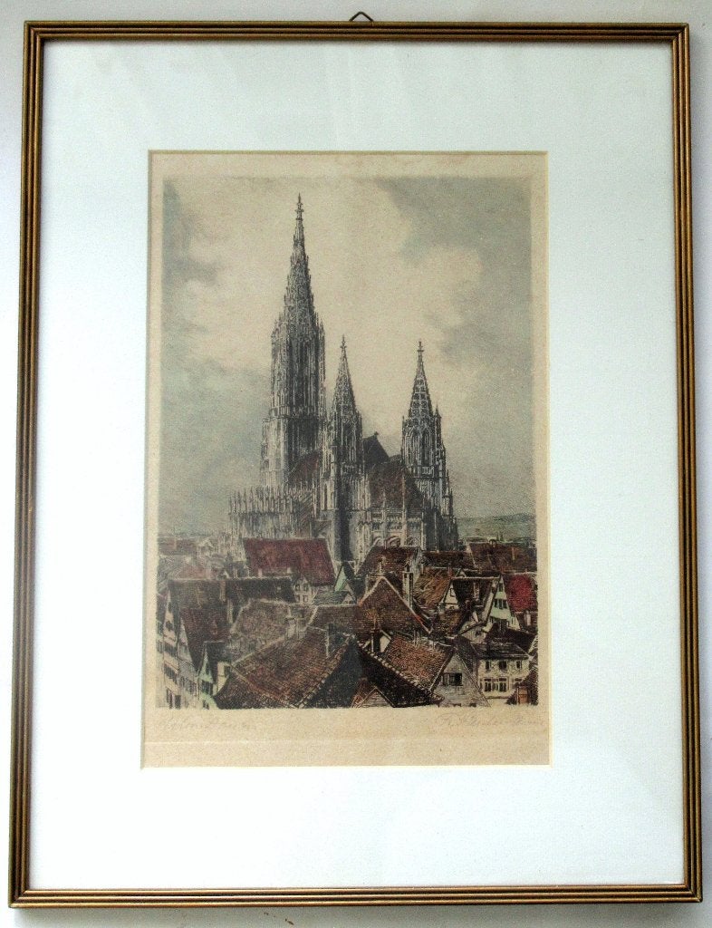 Antiek kunstwerk gekleurde ets, gesigneerd., Ophalen of Verzenden