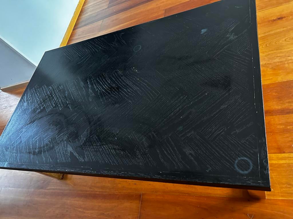 Zwarte salontafel met gouden onderstel, Ophalen, Gebruikt, 100 tot 150 cm, 50 tot 100 cm