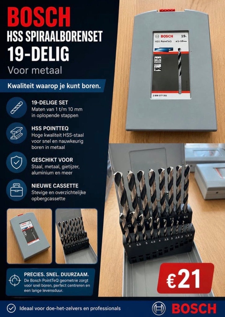 Bosch HSS Spiraalborenset 19-delig - Nieuw in cassette, Ophalen of Verzenden, Nieuw, Overige typen