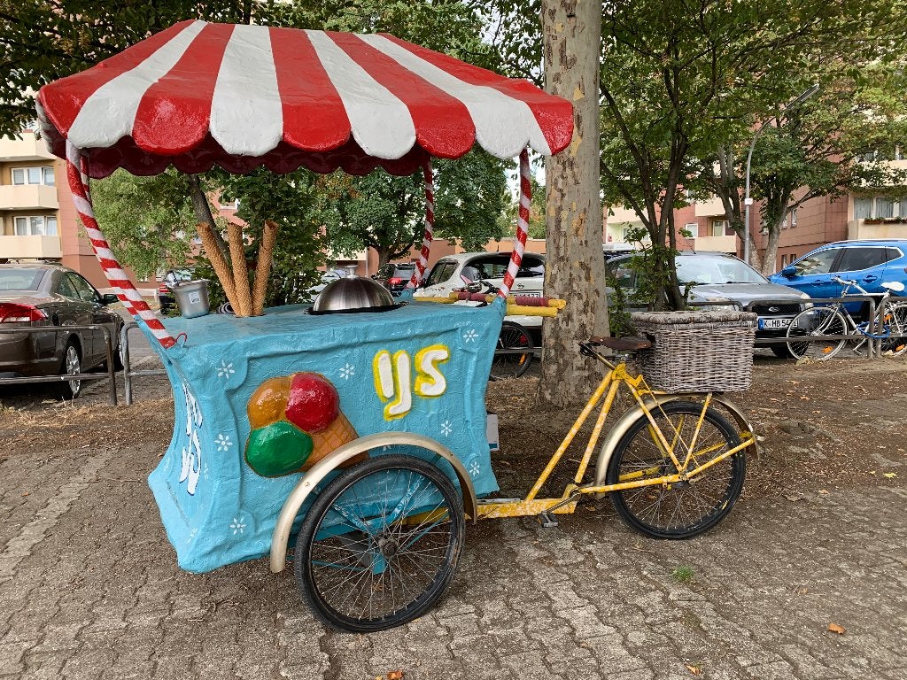 Unieke tweedehands ijskar bakfiets met aanhanger – ijsfiets, Ophalen, Gebruikt, Eigen fabricge, Feestartikel