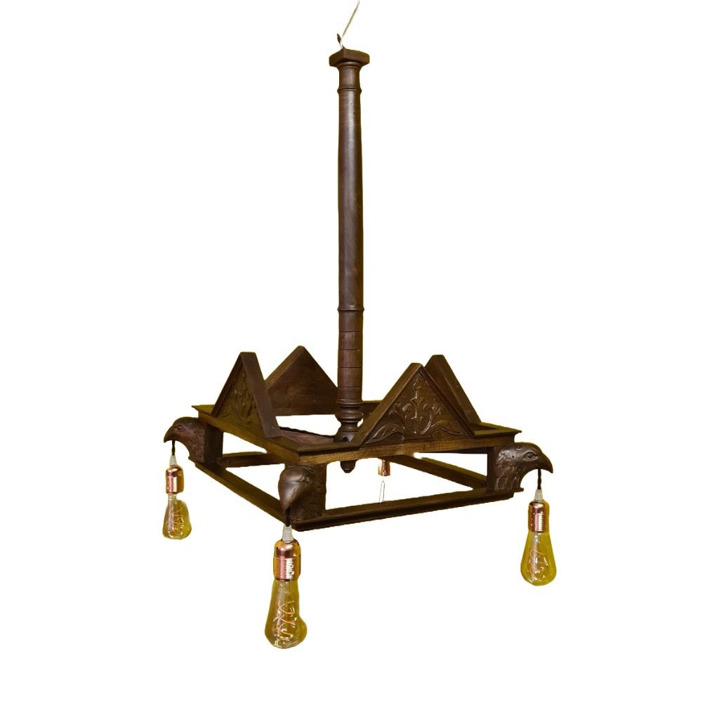 Franse Houten Hanglamp met Adelaarskoppen van rond 1900, Antiek en Kunst, Ophalen