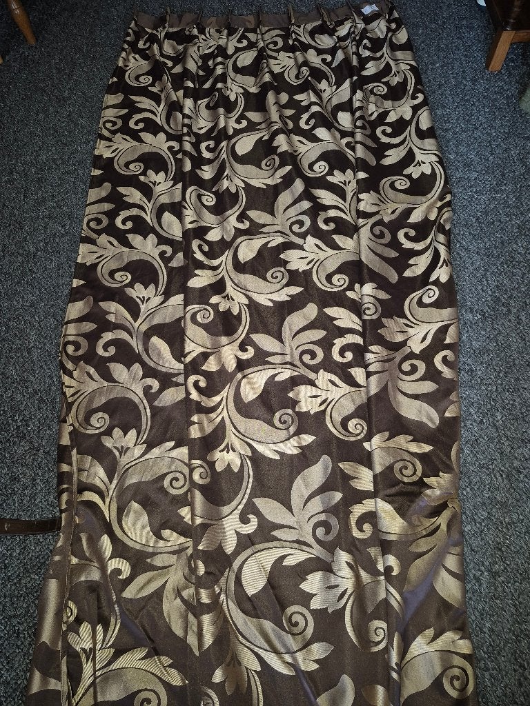 bruine gordijnen met goudkleurig barok patroon, Huis en Inrichting, 230 cm, Ophalen of Verzenden, Zo goed als nieuw, Bruin
