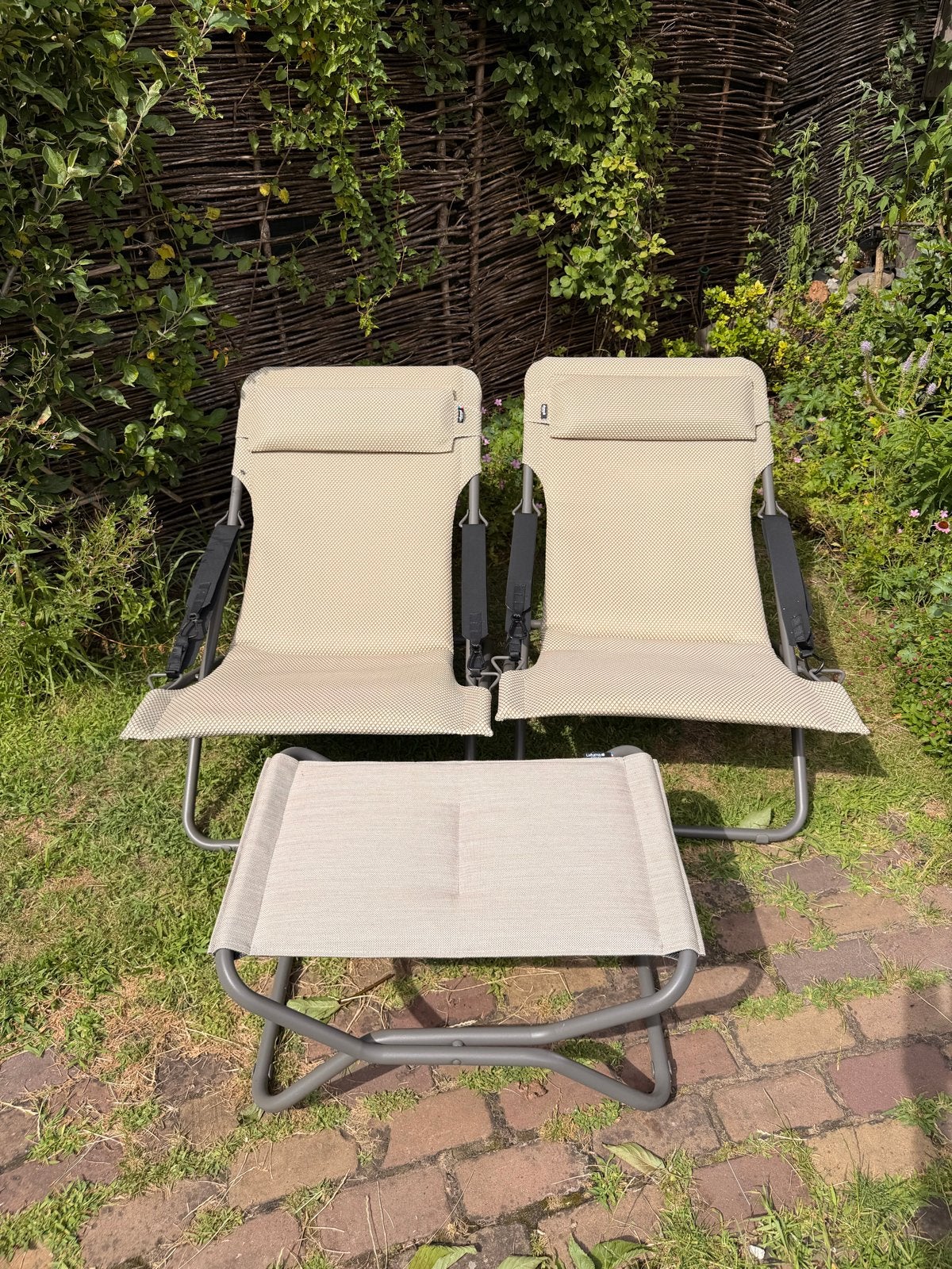 2x Lafuma Transabed ligstoelen met voetenbankje, Ophalen, Nieuw, Textileen, Inklapbaar