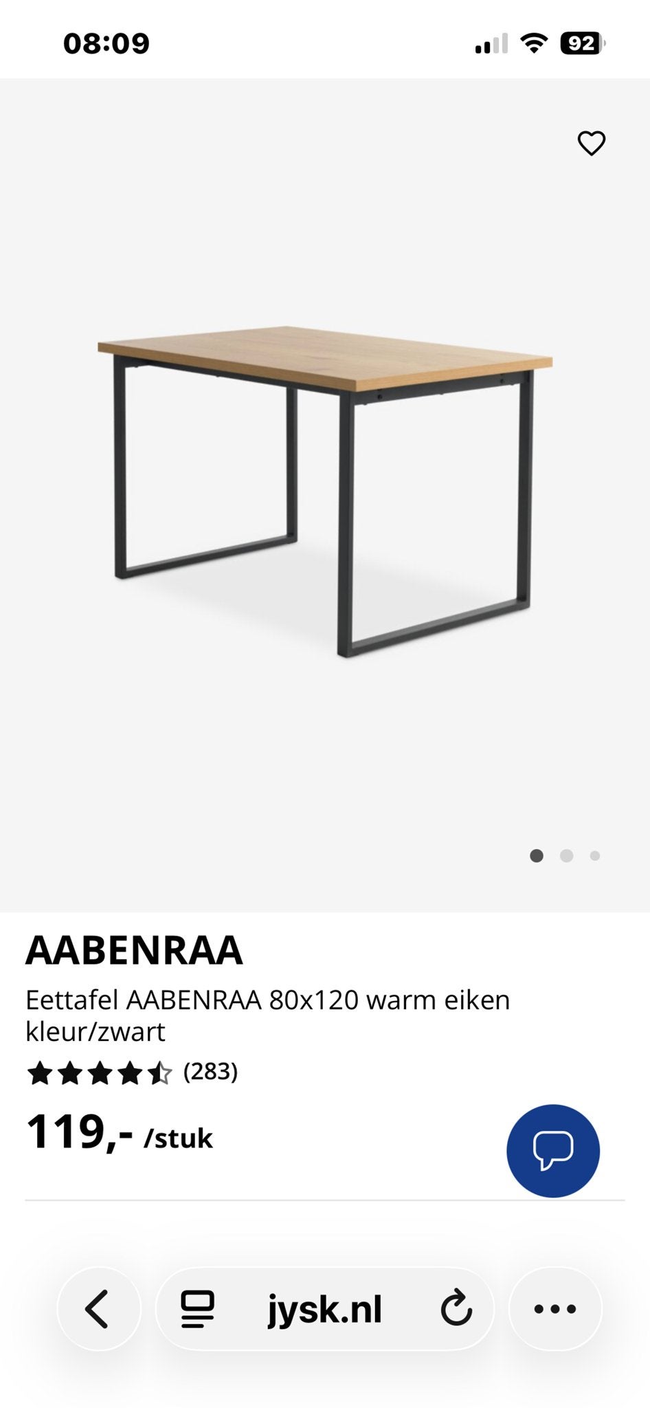 Eettafel AABENRAA 80x120 warm eiken kleur/zwart, Huis en Inrichting, Ophalen, 100 tot 150 cm, Eikenhout, 50 tot 100 cm