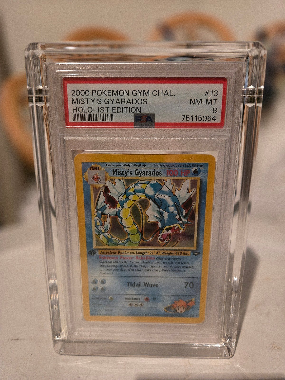 Misty's Gyarados Holo 1st Edition PSA 8 Pokémon, Ophalen of Verzenden, Zo goed als nieuw, Losse kaart, Foil