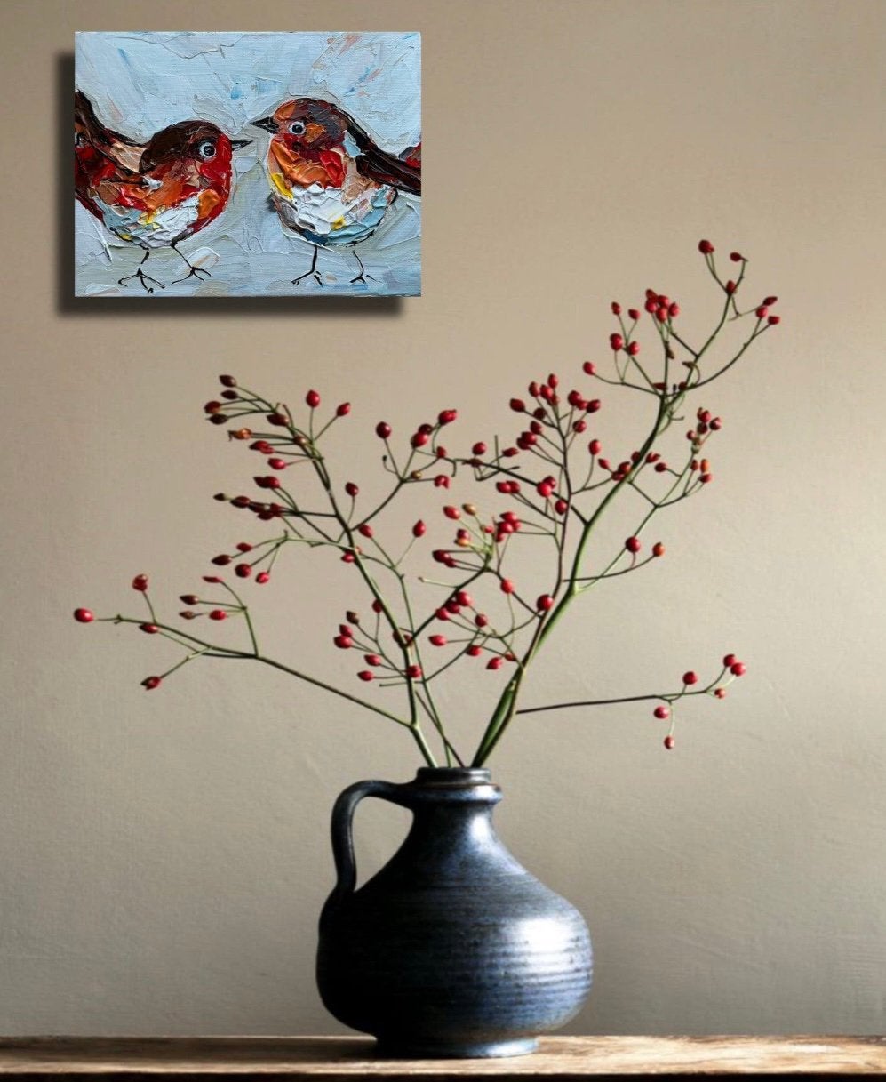 Roodborstje ~ kleintje kunst ~ schilderij ~ atelier, Ophalen of Verzenden, Minder dan 50 cm, Schilderij