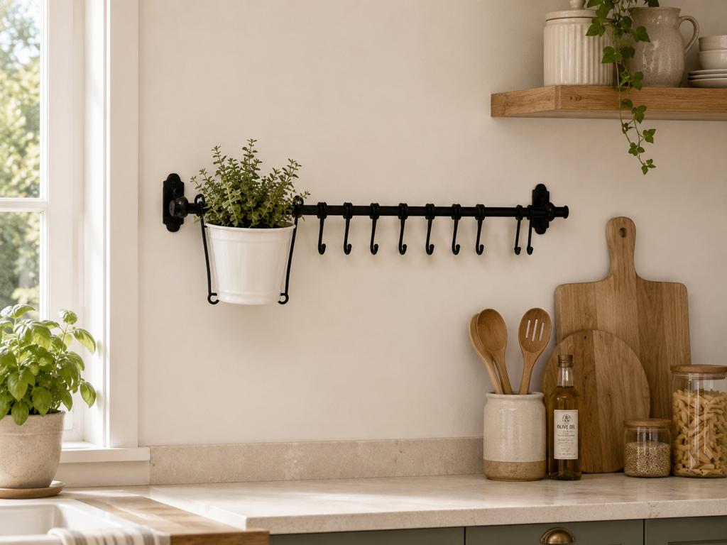Zwart metalen keukenrek met haken en plantenbak, Ophalen of Verzenden, Zo goed als nieuw
