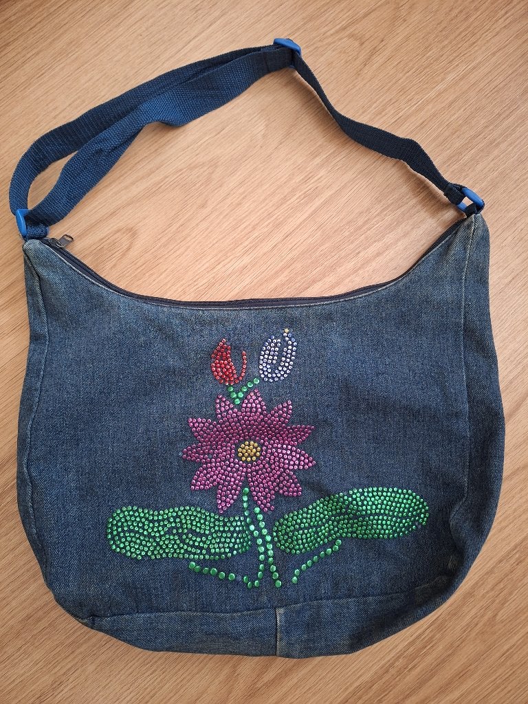 Denim Schoudertas - shopper - bloemen - rits - ZGAN, Ophalen, Zo goed als nieuw, Blauw, Schoudertasje