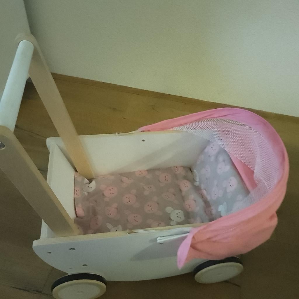 Houten poppenwagen met roze kap en dekentje, Ophalen, Gebruikt, Overige typen