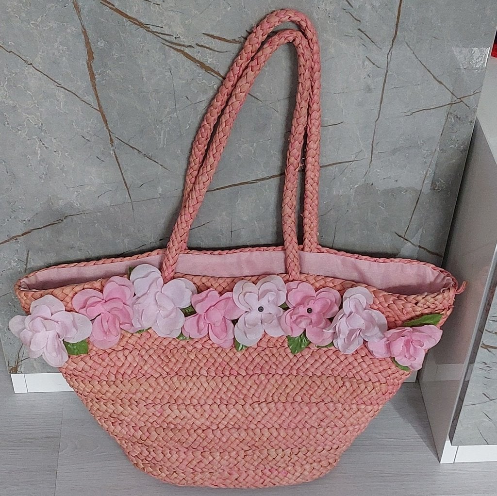 Mooie roze strandtas met bloemen, Ophalen of Verzenden, Zo goed als nieuw