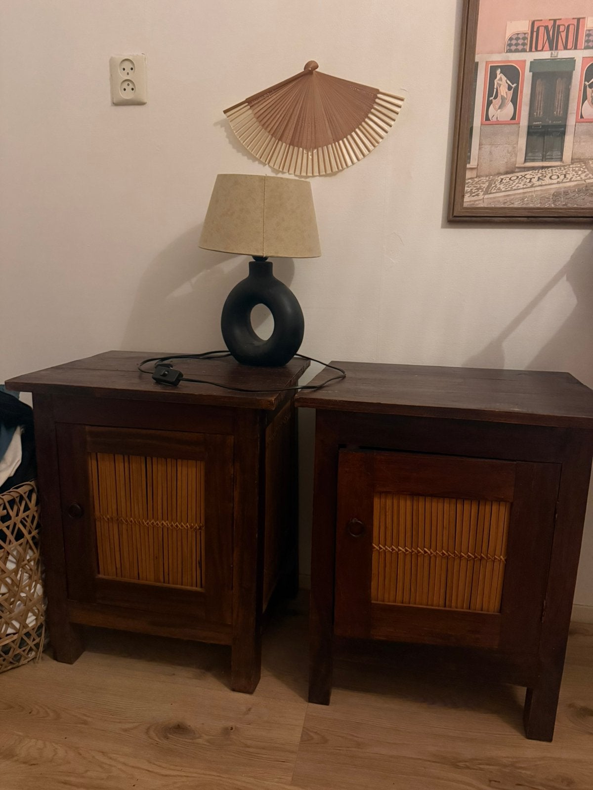 Twee nachtkastjes vintage bruin scandinavisch japandi rotan, Ophalen, Zo goed als nieuw, Minder dan 45 cm