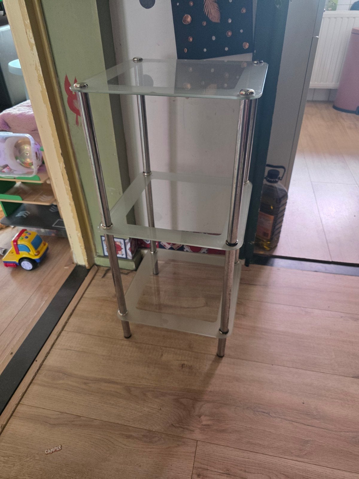 Glazen bijzettafel met 3 lagen, Huis en Inrichting, Tafels | Bijzettafels, Ophalen, Minder dan 55 cm, Gebruikt, Vierkant