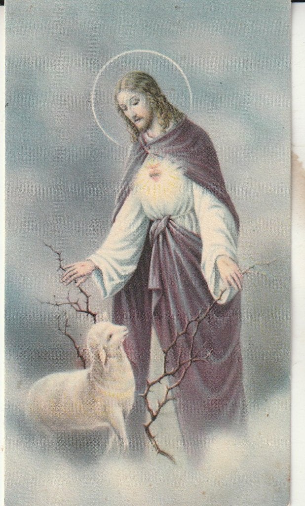 Vintage prentje Jezus met lam - Heilig Hart, Ophalen of Verzenden, Gebruikt, Kaart of Prent, Christendom | Katholiek
